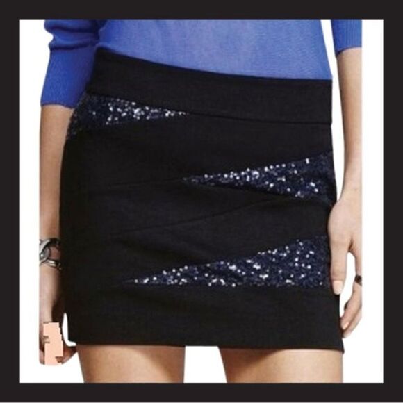 Express Knit Sequin Panel Mini Skirt Blue Black Size 4 - Picture 2 of 11